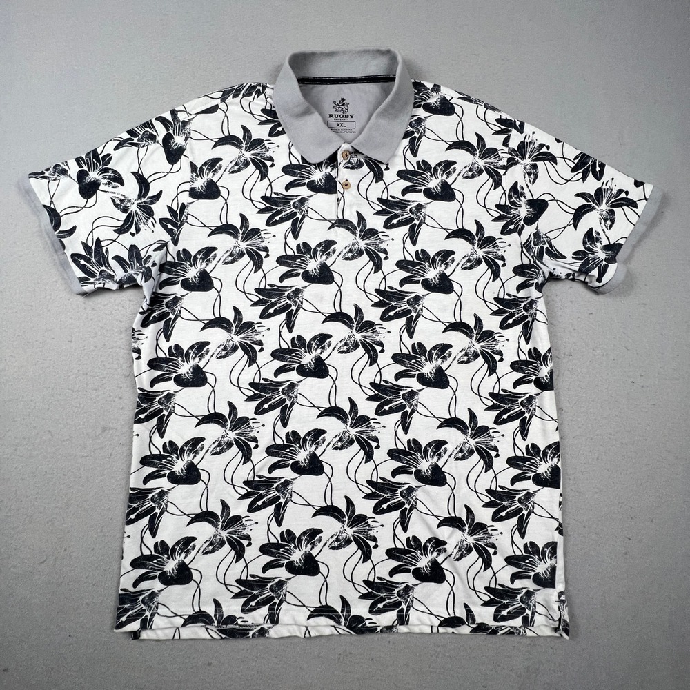 Rugby University Polo Shirt Mens XXL White Black Floral Lily Print Short Sleeve
